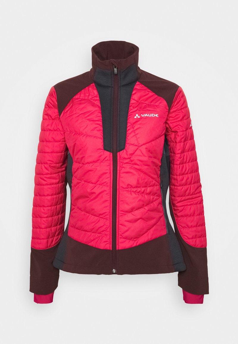 Red and gray jacket with quilted texture, high collar, and zippered front. Features sleek design and contrasting dark brown accents.