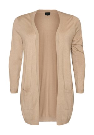 Beige openvallend vest met lange mouwen, twee voorzakken en ribgebreide manchetten en zoom, getoond op een effen achtergrond.