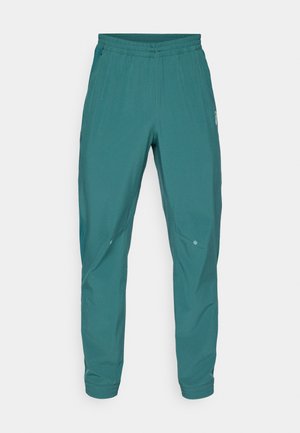 Türkisfarbene Sporthose mit elastischem Bund, Seitentaschen und zulaufenden Beinen. Hergestellt aus leichtem, atmungsaktivem Material, geeignet für sportliche Aktivitäten.