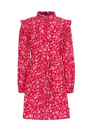 Rød langærmet kjole med pink og hvide blomsterprint, flæseærmer, knaplukning foran og bælte i taljen.