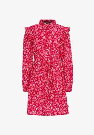 Rød langærmet kjole med pink og hvide blomsterprint, flæseærmer, knaplukning foran og bælte i taljen.