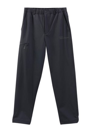 Black, lightweight athletic pants with an elastic waistband, side pockets, and a zippered pocket on the thigh. Material appears smooth and durable.