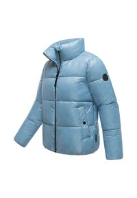 Light blue puffer jacket with a high collar, zippered front, and black accents, featuring a quilted design and side pockets.