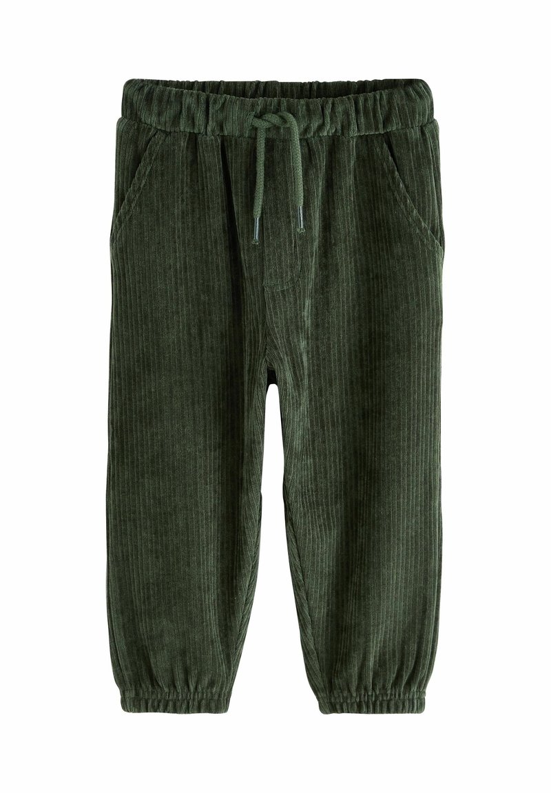 Pantalon de jogging en velours côtelé vert foncé avec taille élastique, cordon de serrage, poches latérales et poignets élastiques.