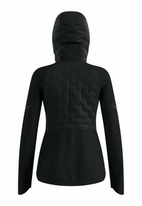 Veste noire avec capuche, présentant une texture matelassée au dos, des manches longues et un design épuré. Marquage subtil au niveau de la taille.