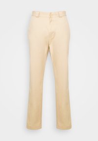 Beige tailored trousers with a flat front, belt loops, and a button closure. Straight legs and a smooth cotton material.