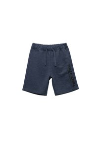 Mørkeblå shorts lavet af blødt stof, med en elastisk talje og snoretræk, samt teksten "TIME TO CHILL" i sort på siden.