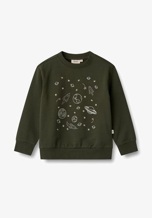 Ciemnozielona bluza z okrągłym dekoltem, z białymi haftowanymi motywami kosmicznymi, w tym planetami i rakietami, na przedniej stronie.