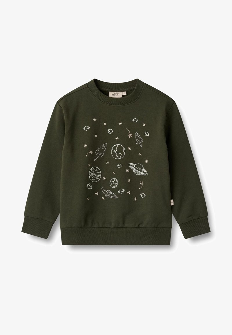 Sweat-shirt vert foncé à col rond, orné de motifs brodés blancs sur le thème de l'espace, comprenant des planètes et des fusées, sur le devant.