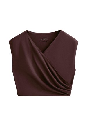 Burgundy wrap top with short sleeves, featuring a deep V-neckline and gathered texture on the side for added detail. Made from soft fabric.