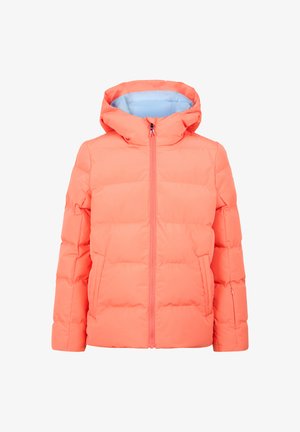 Puffy orange jacket with a hood, two front pockets, and a light blue lining. Features horizontal stitching and a central zipper closure.