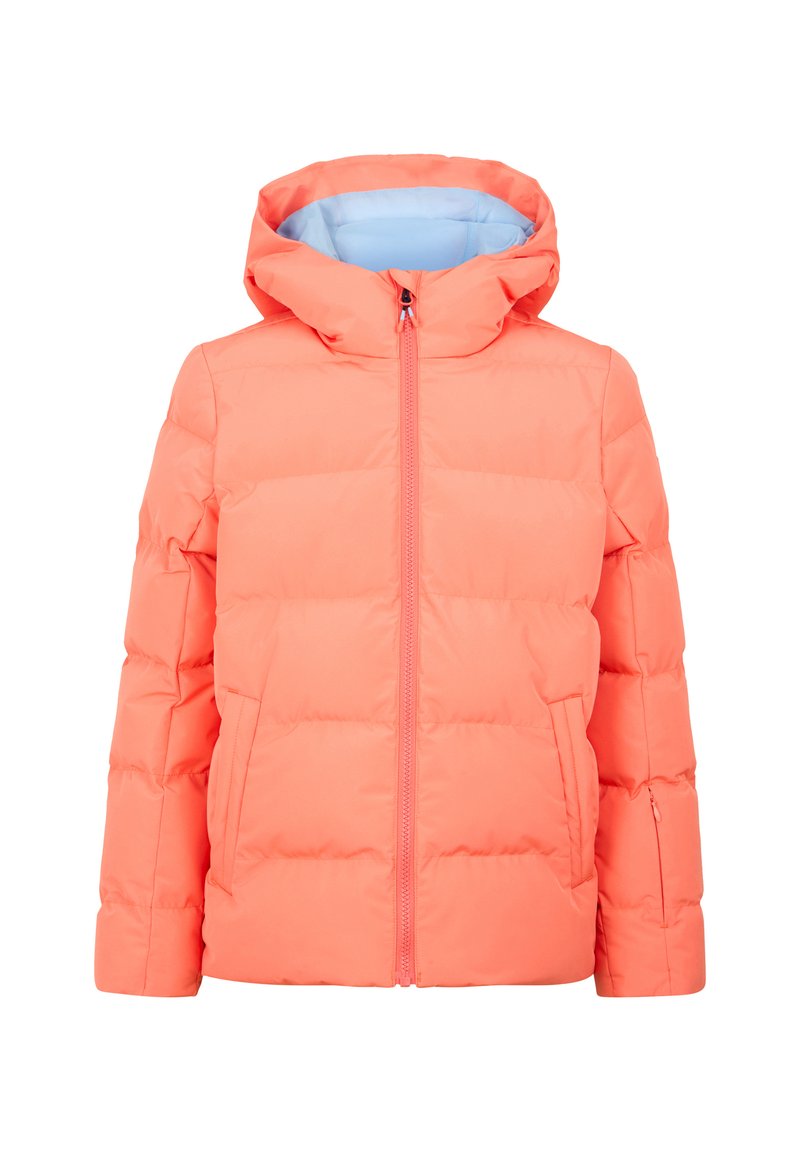 Veste orange volumineuse avec capuche, deux poches avant et une doublure bleu clair. Présente des coutures horizontales et une fermeture éclair centrale.