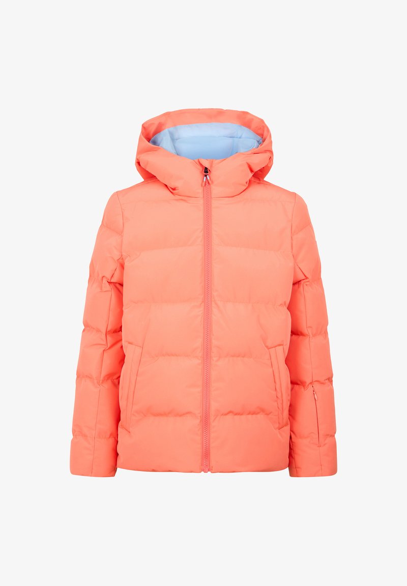 Puffy orange jacket with a hood, two front pockets, and a light blue lining. Features horizontal stitching and a central zipper closure.