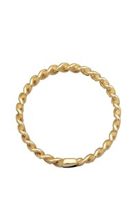 Guldtonet metalarmbånd med et snoet design, glat tekstur og en sikker låseanordning. Cirkulær form, strømlinet og minimalistisk stil.