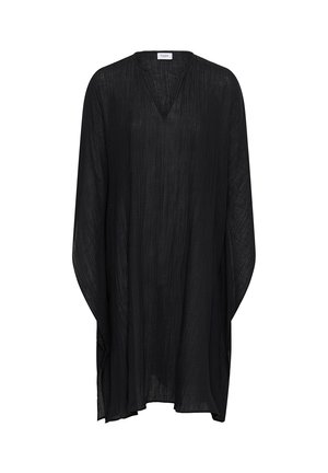 Losse zwarte tuniek met lange mouwen, subtiele textuur, V-halslijn en een lichtgewicht, semi-transparante stof.