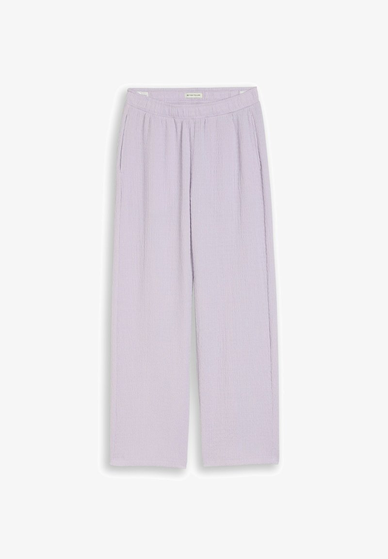 Pantalon large texturé violet clair avec taille élastique et poches latérales, étalé à plat sur un fond blanc.