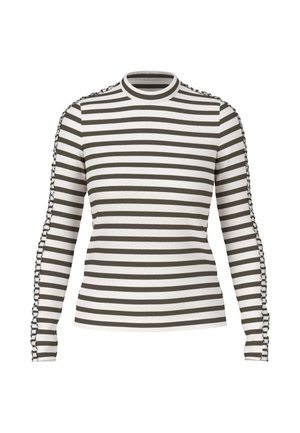 Langärmliges Oberteil mit weißen und dunkelbraunen horizontalen Streifen. Verfügt über einen Rundhalsausschnitt und Raffung entlang der Ärmel. Hergestellt aus Baumwolle.