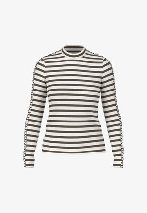 Long-sleeve top with white and dark brown horizontal stripes. Features a crew neck and ruched detailing along the sleeves. Cotton material.