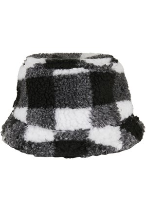 Svart, hvit og grå rutete bøttehatt laget av strukturert fleece-materiale med en myk finish og rund brem.