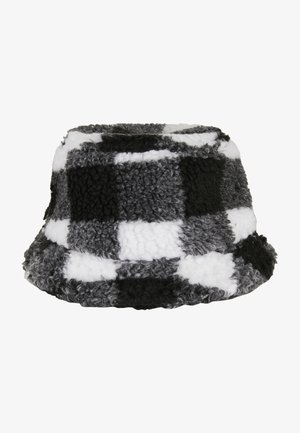 Mustra mustril, musta, valge ja halli ruuduline konvex müts, millel on tekstuuriga fliismaterjal pehme viimistluse ja ümar äärega.