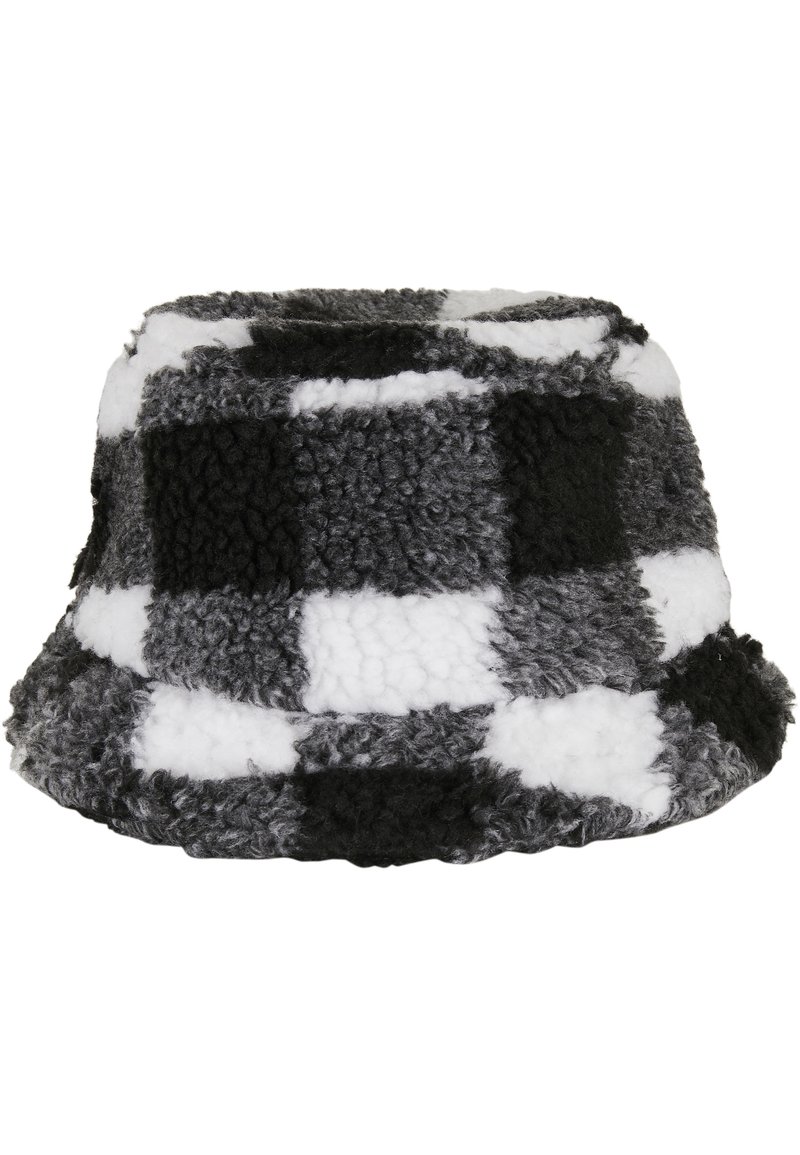 Svart, hvit og grå rutete bøttehatt laget av strukturert fleece-materiale med en myk finish og rund brem.