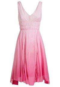 Vaaleanpunainen ombre-mekko syvällä V-niskalla, elastisella vyötäröllä ja lasketulla hameella. Valmistettu kevyestä kankaasta, jossa on pehmeä ja sileä pinta.