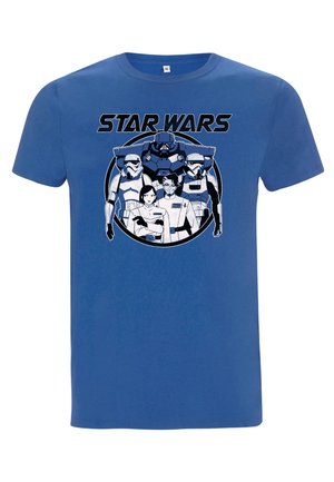 Modrá bavlněná tričko s kruhovou grafikou čtyř postav z "Hvězdných válek" v černobílém provedení, s textem "STAR WARS" nahoře.