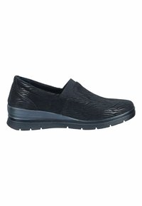 Black slip-on shoes with textured upper, elastic panels, and a thick, cushioned sole. Features a subtle wave pattern on the material.
