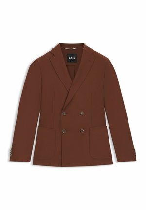 Double-breasted brown blazer with notched lapels, two front pockets, and buttons. Smooth fabric with a structured design. Brand label visible.