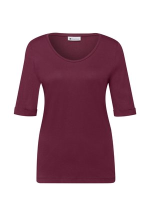 Damenoberteil in dunkelviolett mit kurzem Arm, Rundhalsausschnitt und umgeschlagenen halblangen Ärmeln, auf weißem Hintergrund dargestellt.