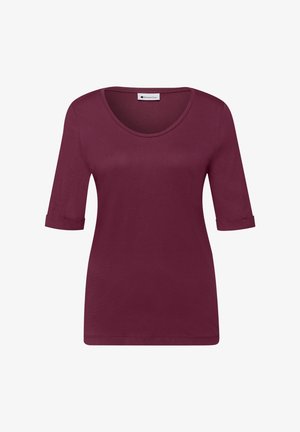 Donkerpaarse dames top met korte mouwen, een ronde halslijn en omgeslagen halve mouwen, weergegeven op een witte achtergrond.