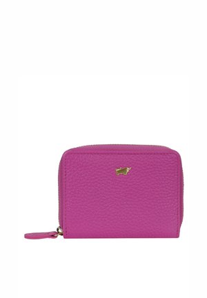 Portafoglio compatto in pelle rosa testurizzata con emblema a forma di toro in tonalità oro e chiusura con zip a tutto giro con cursore coordinato.