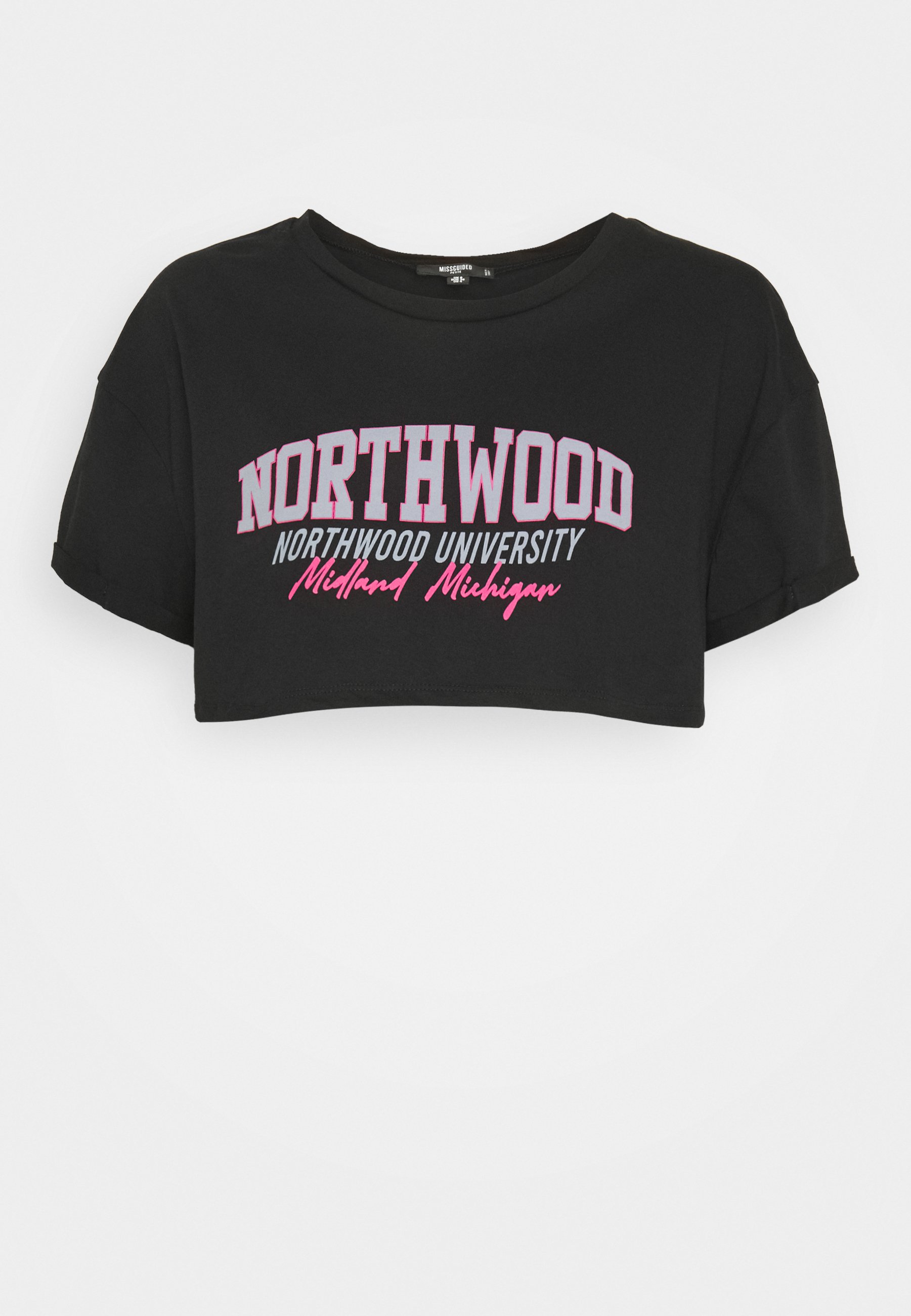 Missguided Petite NORTH WOOD ROLL SLEEVE CROP - Print T-shirt - black -  Zalando.ie