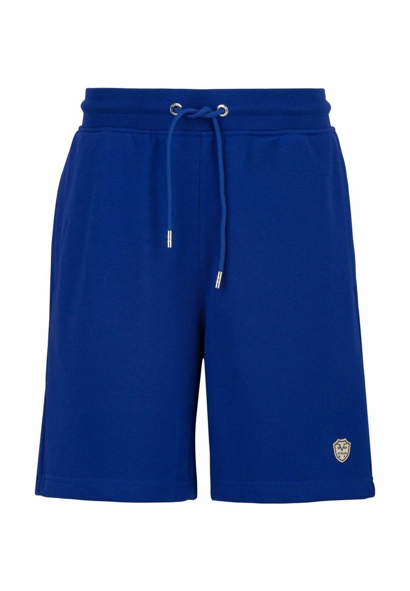 Blaue Baumwollshorts mit einem elastischen Bund, verstellbarem Kordelzug und silbernen Ösen. Mit einem kleinen Logo-Patch am Saum.