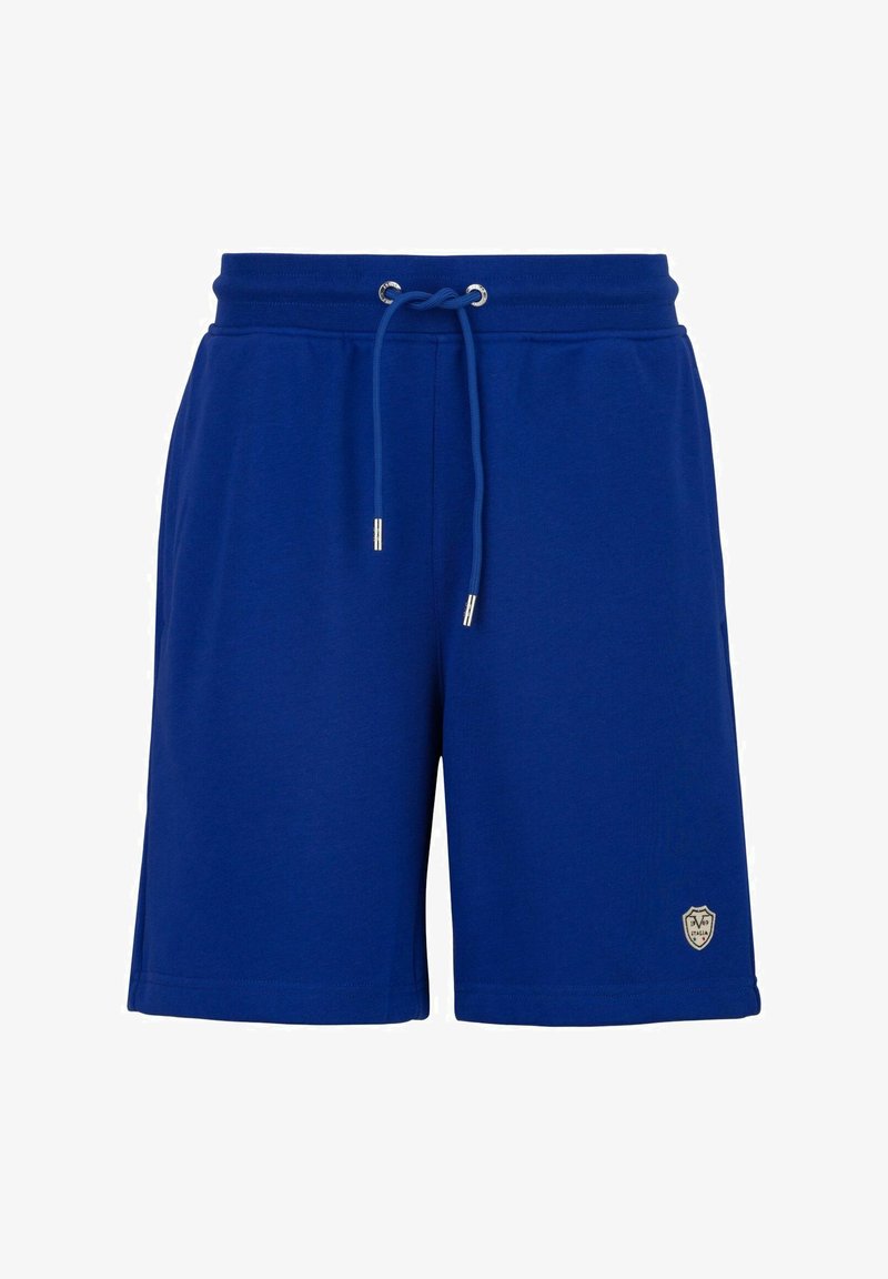 Blaue Baumwollshorts mit einem elastischen Bund, verstellbarem Kordelzug und silbernen Ösen. Mit einem kleinen Logo-Patch am Saum.