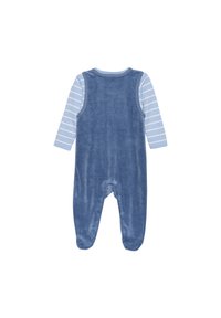 Ein einteiliges Kleidungsstück aus blauen Samt mit langen gestreiften Ärmeln, das über einen Rundhalsausschnitt, eine enge Passform und Druckknöpfe am Saum verfügt.
