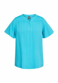 Top corto azzurro con maniche corte e scollatura henley, caratterizzato da righe verticali e tre bottoni sul davanti. Tessuto morbido e leggero.