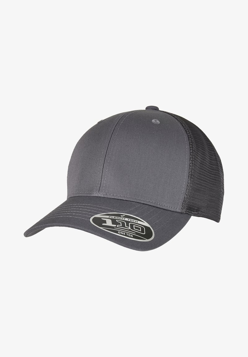 Halliga hall kork, millel on kindel esiosa ja võrgusilma tagumine osa, kõver visor, õmmeldud detailid ning ümar silt, millel on kirjas "Flexfit" ja "110".