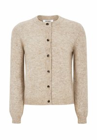 Beżowy dziergany kardigan zapinany na guziki z długimi rękawami oraz ściągaczami u mankietów i u dołu, z okrągłym dekoltem i brązowymi guzikami.