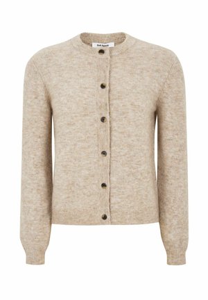 Cardigan bej tricotat, cu închidere prin nasturi, cu mâneci lungi și manșete și tiv cu nervuri, având un guler rotund și nasturi maronii.