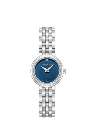 Zilverkleurig metalen polshorloge met schakelen armband, blauwe gestructureerde wijzerplaat, minimale uurmarkeringen en twee wijzers die 10:10 aangeven.