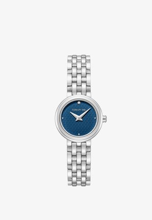 Zilverkleurig metalen polshorloge met schakelen armband, blauwe gestructureerde wijzerplaat, minimale uurmarkeringen en twee wijzers die 10:10 aangeven.