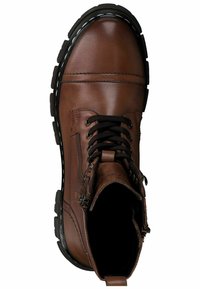 Bottines en cuir marron, à bout rond, avec lacets noirs, col rembourré et couture blanche contrastante le long de la semelle. Doublure intérieure de couleur sombre.