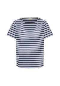 Camiseta de manga corta con cuello redondo, presenta un patrón de rayas horizontales en azul y negro sobre un fondo azul claro.