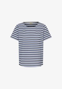 Camiseta de manga corta con cuello redondo, presenta un patrón de rayas horizontales en azul y negro sobre un fondo azul claro.