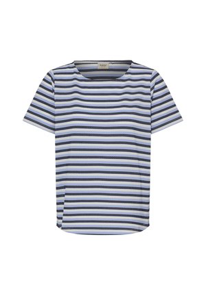 Tricou cu mâneci scurte și gât rotund, cu model în dungi orizontale albastre și negre pe un fundal albastru deschis.