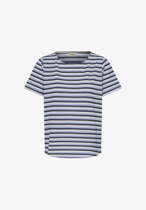 Tricou cu mâneci scurte și gât rotund, cu model în dungi orizontale albastre și negre pe un fundal albastru deschis.