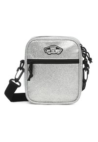 Silver glitter crossbody bag with a black zipper, adjustable strap, and Vans logo patch on the front. Square shape, smooth texture.
