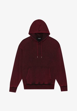 Bordeaux hettegenser laget av mykt stoff, med en frontlomme, snorhette og ribbestrikkede mansjetter. Strukturert, med en lett falmet finish.