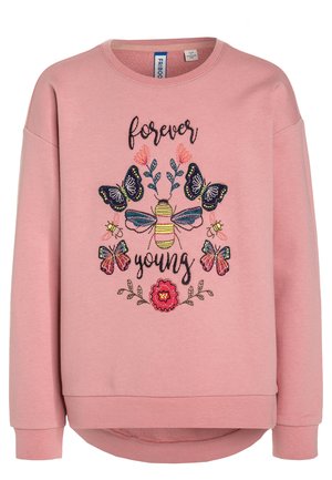 Sweat-shirt rose avec des abeilles, des papillons, des fleurs brodés et le texte « forever young » sur le devant, col rond et manches longues.